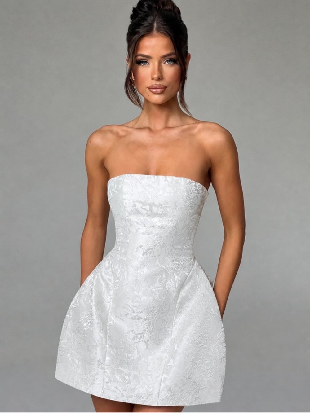 NWT BABYBOO Elenora Ivory White Satin Jacquard Strapless Mini Dress, Size XL